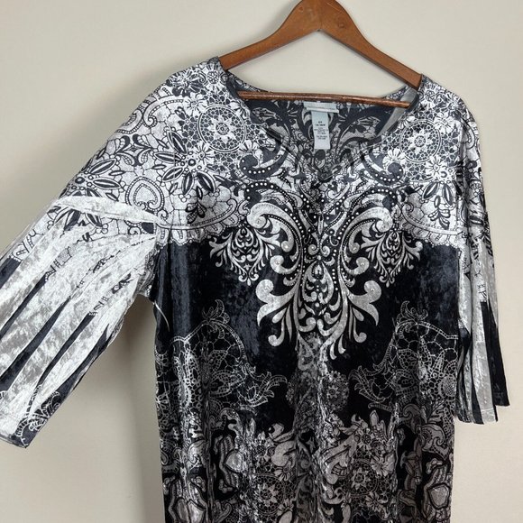 Catherines Tunic Top Womens 0X Gray Velvet Studded Floral 3/4 Sleeve Blouse - Picture 3 of 8